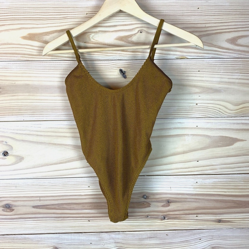 Good American Swimsuit 0‎ XS Ribbed Crinkled Bronze One Piece High Thigh Cheeky